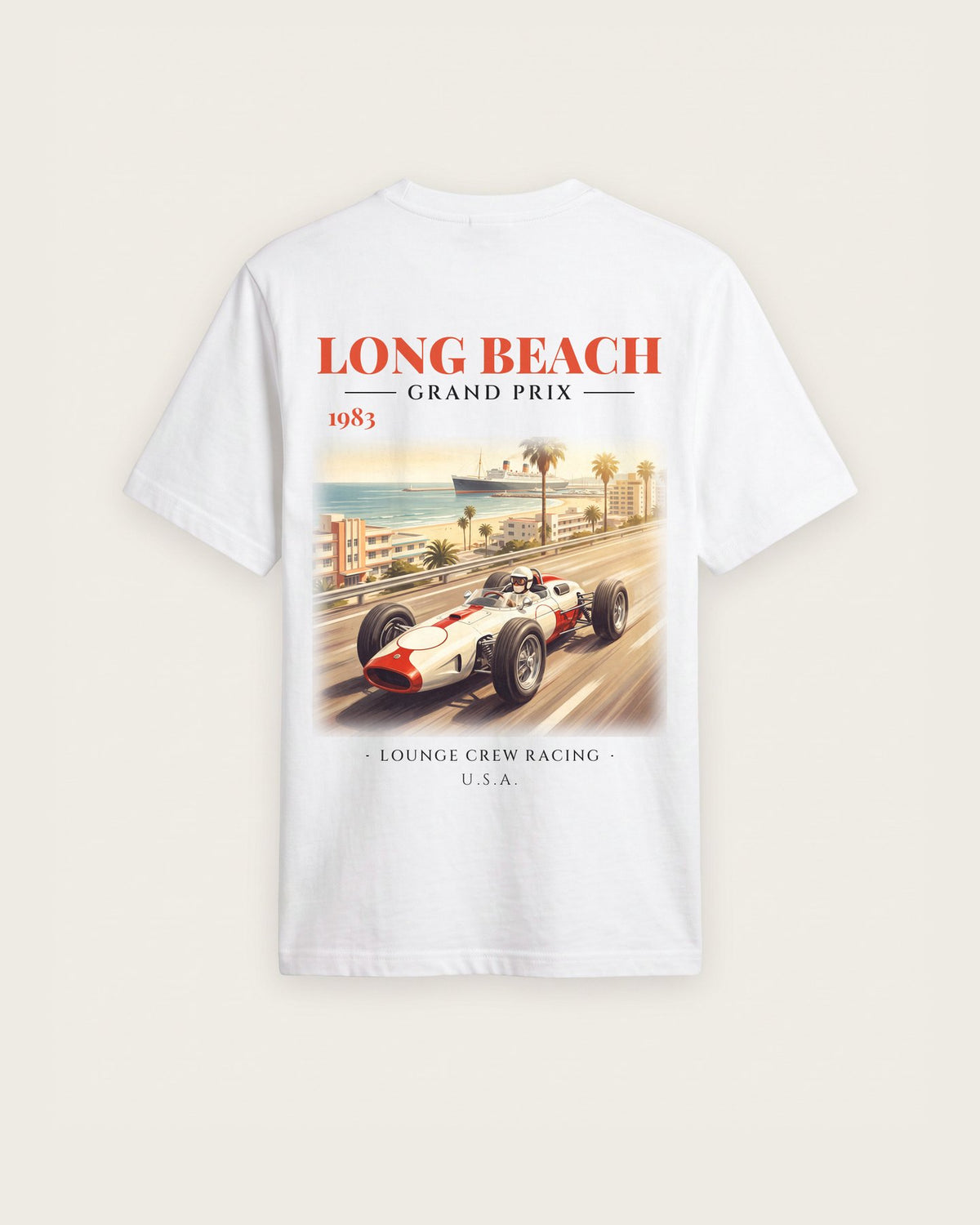 Camiseta “Long Beach Grand Prix 1983” — Branco — regular