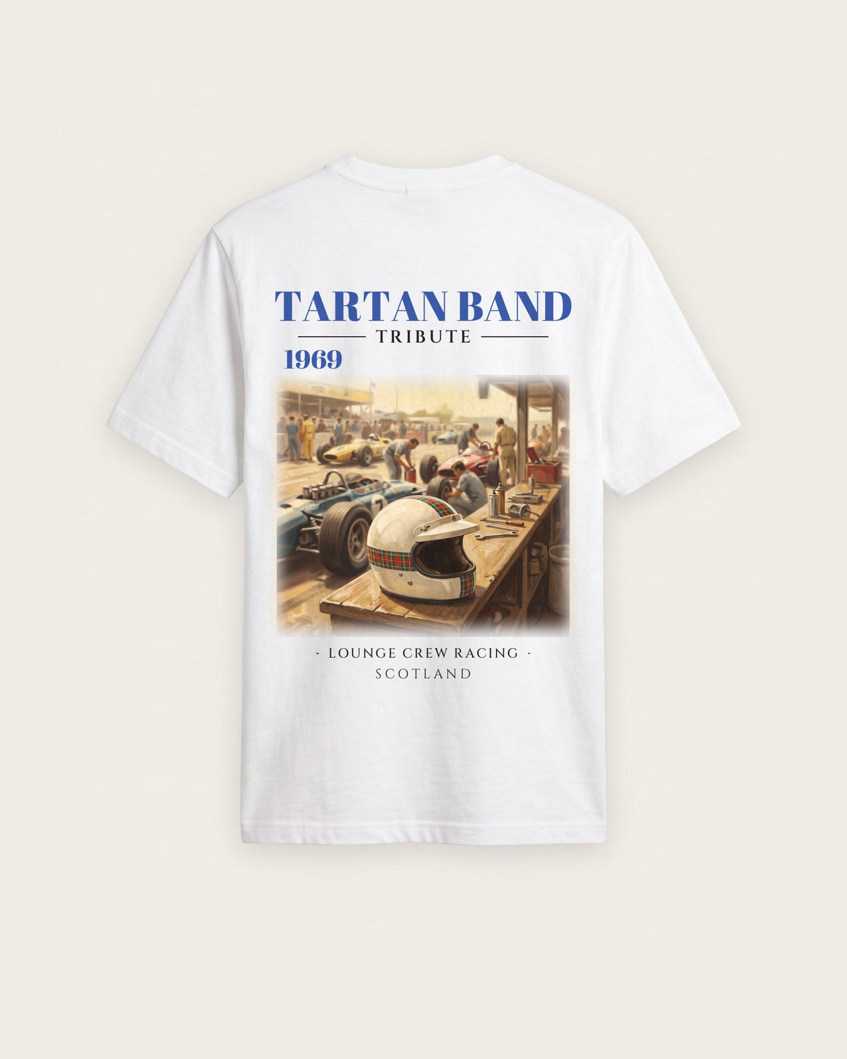 Camiseta “Tartan Band 1969” — Branco — regular