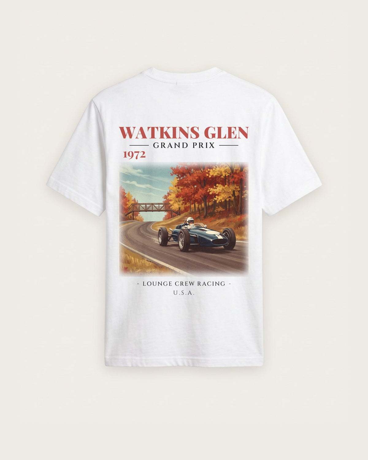 Camiseta “Watkins Glen Grand Prix 1972” — Branco — regular
