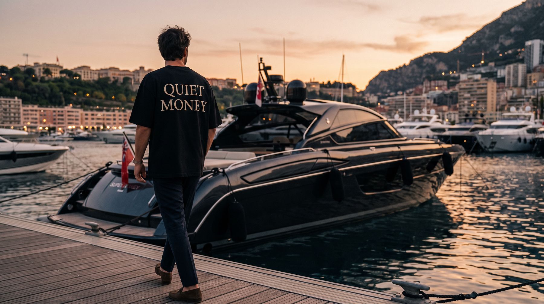 Porto de Mônaco com a camiseta Quiet Money