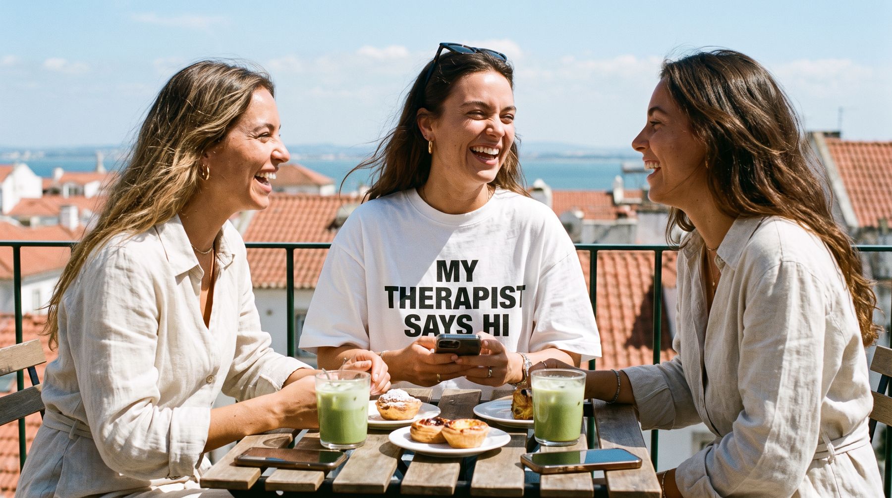 Amigas num brunch com a camiseta My Therapist Says Hi